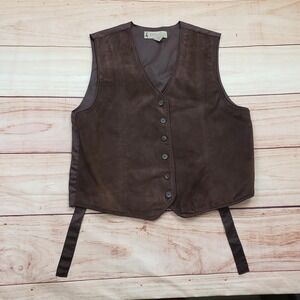 Marsh Landing Vest Mens Medium Brown Leather Front‎ Nylon Back Button V Neck